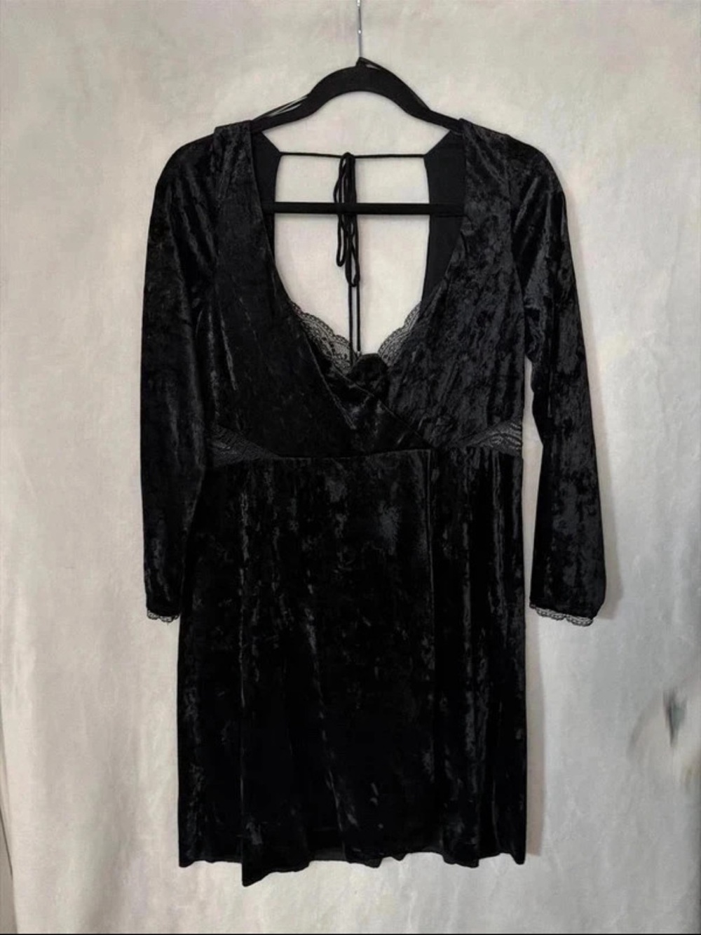 Free People Black Velvet V-Neck Lace Trim Dress